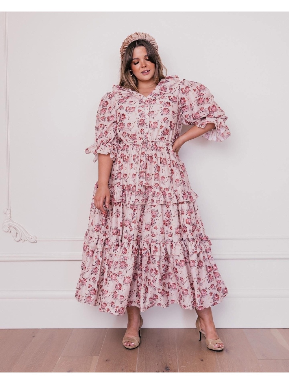 Jessakae Rosalie Floral Ruffle Ankle Dress Size 1X Cream Pink Cottage Prairie
